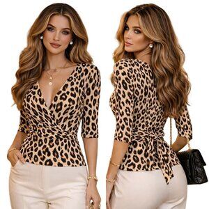 Ann Taylor Animal Print Faux Wrap Top Back Tied Old Money Chic Size M NEW